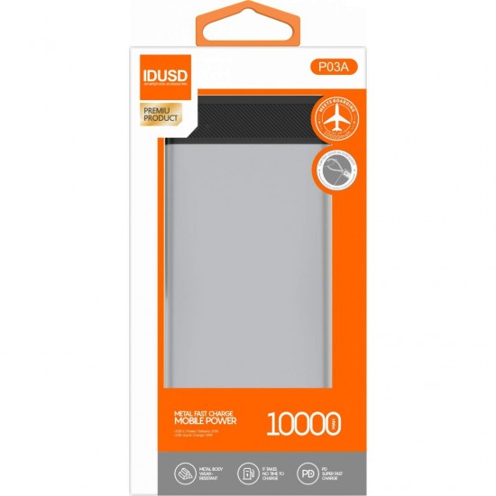 BATERIA EXTERNA POWERBANK 10000MAH PD+QC 20W CARGA RAPIDA METAL IDUSD P03A IDUSD 13723