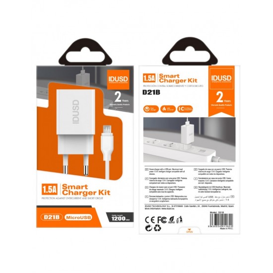 CARGADOR SMART CHARGER 5V 1.5A 7.5W + CABLE MICRO USB IDUSD 10502