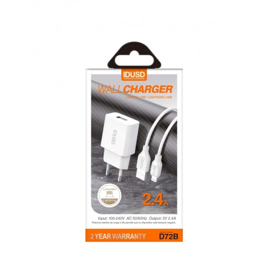 CARGADOR SMART CHARGER 5V 2.4A + CABLE LIGHTNING IDUSD D72B IDUSD 10464