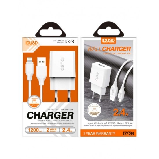 CARGADOR SMART CHARGER 5V 2.4A + CABLE LIGHTNING IDUSD D72B IDUSD 10464