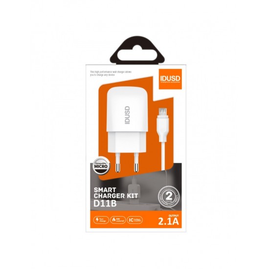 CARGADOR SMART CHARGER 2.1A 10W + TURBO CABLE MICRO USB 1.2M BLNACO | IDSUD D11B IDUSD 09358