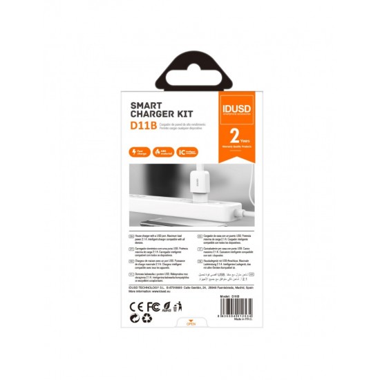 CARGADOR SMART CHARGER 2.1A 10W + TURBO CABLE MICRO USB 1.2M BLNACO | IDSUD D11B IDUSD 09358