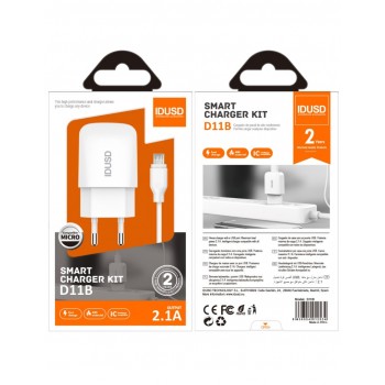 CARGADOR SMART CHARGER 2.1A 10W + TURBO CABLE MICRO USB 1.2M BLNACO | IDSUD D11B