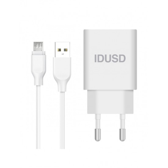 CARGADOR SMART CHARGER 2-USB 2.4A 12W + TURBO CABLE MICRO USB 1.2M | BLANCO IDUSD 09364