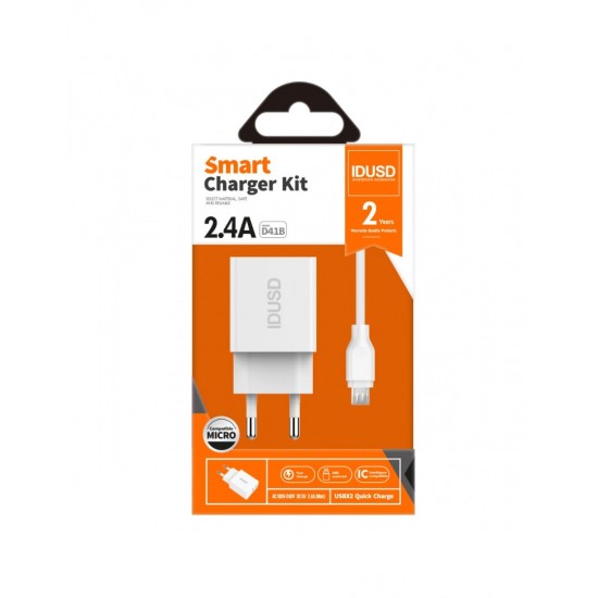 CARGADOR SMART CHARGER 2-USB 2.4A 12W + TURBO CABLE MICRO USB 1.2M | BLANCO IDUSD 09364