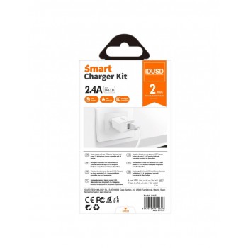 CARGADOR SMART CHARGER 2-USB 2.4A 12W + TURBO CABLE MICRO USB 1.2M | BLANCO