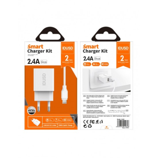 CARGADOR SMART CHARGER 2-USB 2.4A 12W + TURBO CABLE MICRO USB 1.2M | BLANCO IDUSD 09364