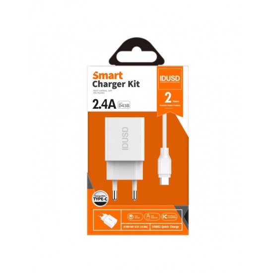 CARGADOR SMART CHARGER 2-USB 2.4A 12W + TURBO CABLE TIPO C 1.2M BLANCO | D43B IDUSD 09366
