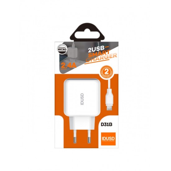 CARGADOR SMART CHARGER 2-USB 2.4A 12W + TURBO CABLE MICRO USB 1.2M | BLANCO IDUSD 09378