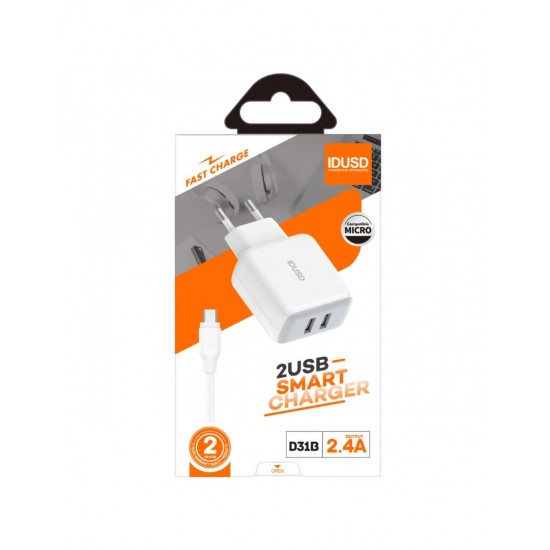 CARGADOR SMART CHARGER 2-USB 2.4A 12W + TURBO CABLE MICRO USB 1.2M | BLANCO IDUSD 09378
