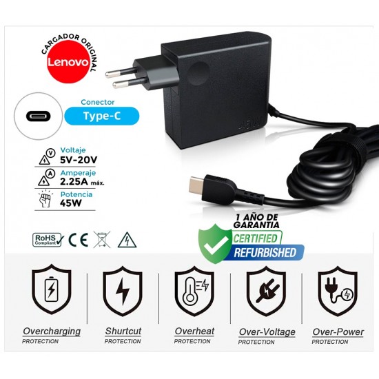 CARGADOR LENOVO ORIGINAL 45W TIPO C ( REACONDICIONADO ) LENOVO 34134
