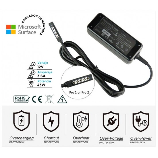 CARGADOR COMPATIBLE MICROSOFT SURFACE 2 SURFACE PRO 2 SERIES | 43W 12V/3.6A W9S-00001 W9S-00004 MICROSOFT 01771