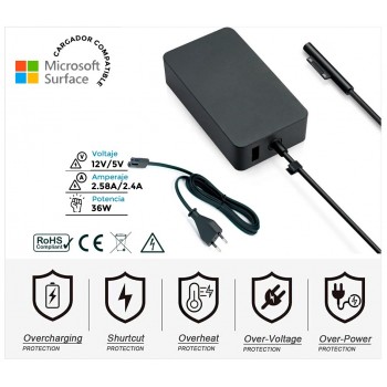 CARGADOR COMPATIBLE MICROSOFT SURFACE PRO 3/4 12V/2.58A 5V/2.4A 36W ( INCLUYE CABLE DE CORRIENTE )