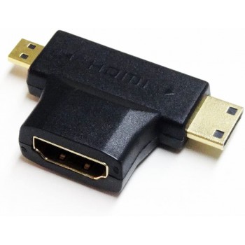ADAPTADOR HDMI HEMBRA TIPO T 2 EN 1 CON MINI HDMI MACHO Y MICRO HDMI MACHO