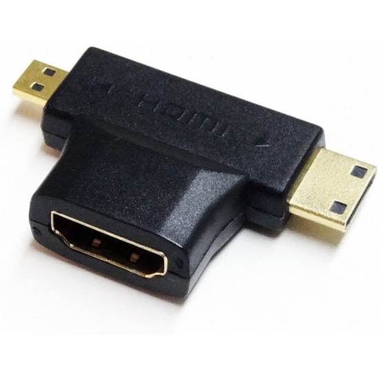 ADAPTADOR HDMI HEMBRA TIPO T 2 EN 1 CON MINI HDMI MACHO Y MICRO HDMI MACHO OEM 11196