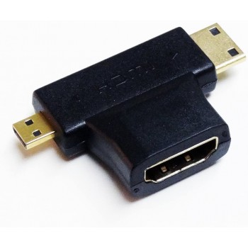 ADAPTADOR HDMI HEMBRA TIPO T 2 EN 1 CON MINI HDMI MACHO Y MICRO HDMI MACHO