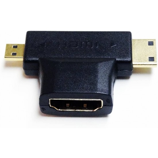 ADAPTADOR HDMI HEMBRA TIPO T 2 EN 1 CON MINI HDMI MACHO Y MICRO HDMI MACHO OEM 11196