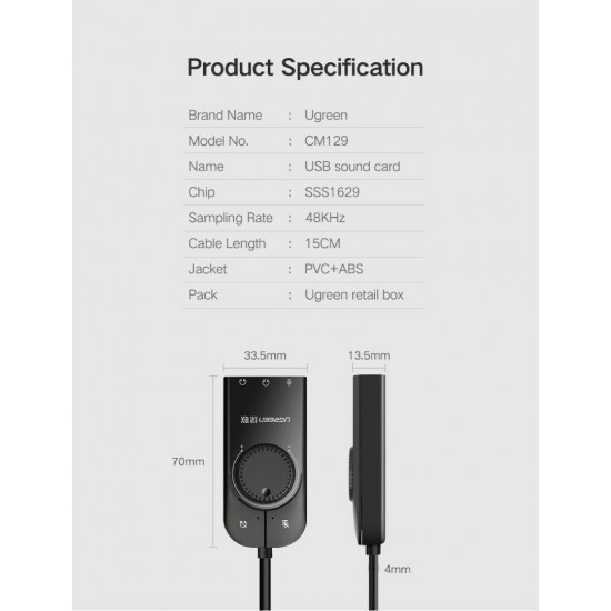 ADAPTADOR DE SONIDO UGREEN EXTERNO USB A DC JACK AUDIO 3.5mm OEM 09536