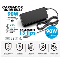 CARGADOR UNIVERSAL AUTOMÁTICO 90W 15-20V/6A MÁX. | 13 PUNTAS  ( INCLUYE CABLE DE CORRIENTE )