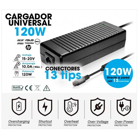 CARGADOR UNIVERSAL AUTOMÁTICO 120W 15-20V/10A MÁX. | 13 PUNTAS ( INCLUYE CABLE DE CORRIENTE ) OEM 06427