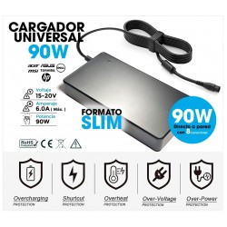 CARGADOR UNIVERSAL AUTOMÁTICO 90W 15-20V/6A MÁX. SLIM | 8 PUNTAS ( INCLUYE CABLE DE CORRIENTE )