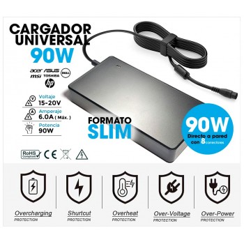 CARGADOR UNIVERSAL AUTOMÁTICO 90W 15-20V/6A MÁX. SLIM | 8 PUNTAS ( INCLUYE CABLE DE CORRIENTE )