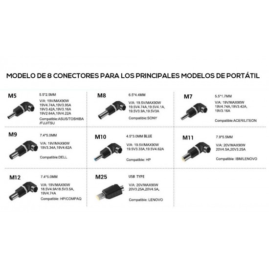 CARGADOR UNIVERSAL AUTOMÁTICO 90W 15-20V/6A MÁX. SLIM | 8 PUNTAS ( INCLUYE CABLE DE CORRIENTE ) OEM 07491