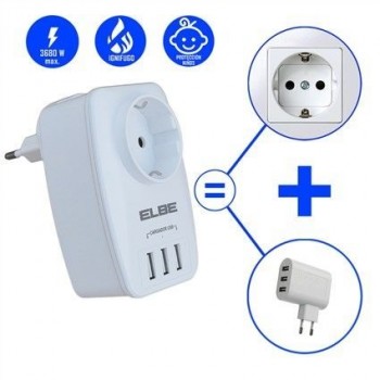 ENCHUFE CON 1 TOMA + 3 PUERTOS USB HASTA 3680W | ELBE EN-001-UB