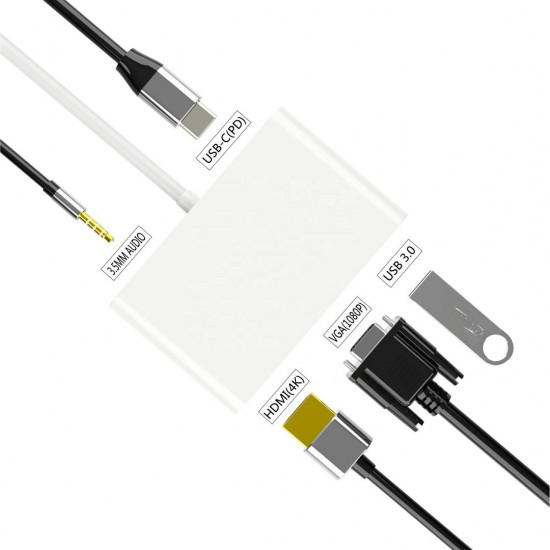 ADAPTADOR 5 EN 1 TIPO C A HUB CON PUERTOS TIPO C / USB3.0 / AUDIO / VGA / HDMI BASIX 12984