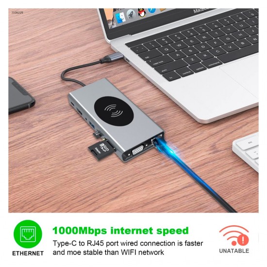 ADAPTADOR 15 EN 1 TIPO C A HUB CON PUERTOS TIPO C / USB 2.0 / USB3.0 / AUDIO / VGA / HDMI / RJ45 / SD / TF BASIX 12986