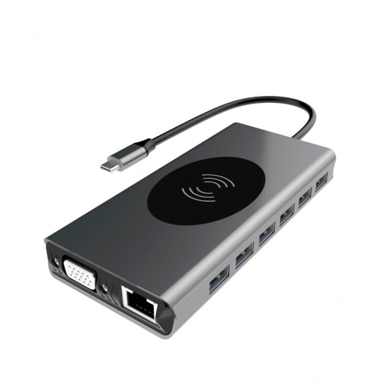 ADAPTADOR 15 EN 1 TIPO C A HUB CON PUERTOS TIPO C / USB 2.0 / USB3.0 / AUDIO / VGA / HDMI / RJ45 / SD / TF BASIX 12986
