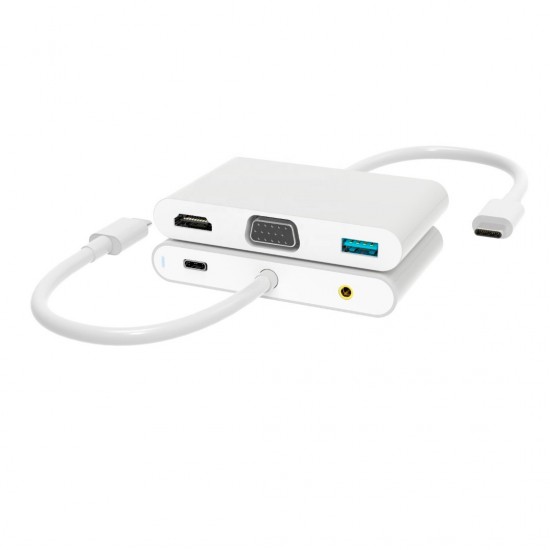 ADAPTADOR 5 EN 1 TIPO C A HUB CON PUERTOS TIPO C / USB3.0 / AUDIO / VGA / HDMI BASIX 12984