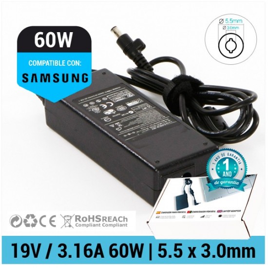 CARGADOR SAMSUNG COMPATIBLE | 19V / 3.16A | 5.5 x 3.0mm | 60W SAMSUNG 00036M