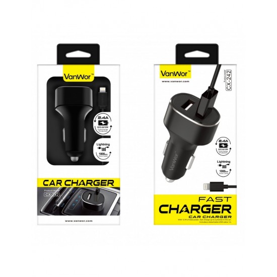 CARGADOR COCHE LIGHTNING CON DOS PUERTOS USB 2.4A VANWOR CX-242 VANWOR 08286