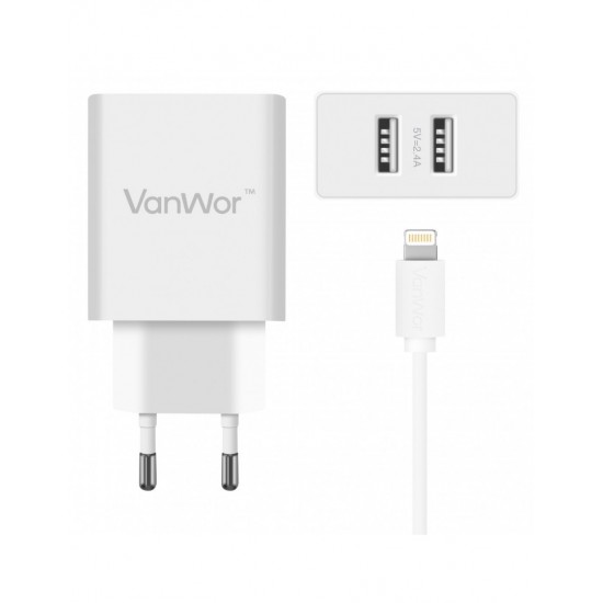 CARGADOR 2 PUERTOS 5V / 2.4A CON CABLE APPLE LIGHTNING VANWOR EU-022 VANWOR 08290