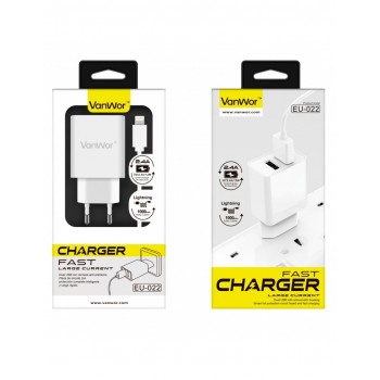 CARGADOR 2 PUERTOS 5V / 2.4A CON CABLE APPLE LIGHTNING VANWOR EU-022